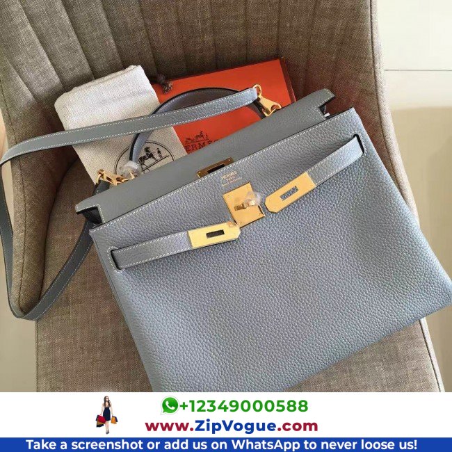 Hermes Blue Lin Clemence Kelly Retourne 32cm Lushentic AAAAA Grade Replica - Image 4