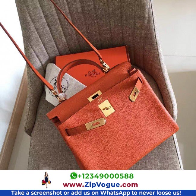 Hermes Orange Clemence Kelly Retourne 28cm Lushentic AAAAA Grade Replica - Image 3